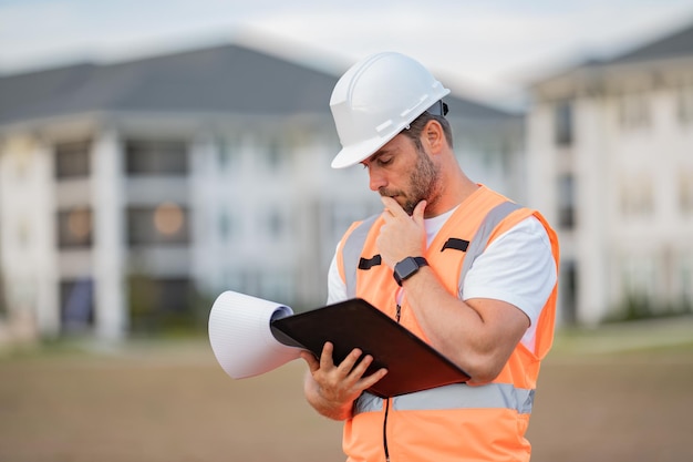 Engineer with clipboard building inspection serious engineer at new home construction manager in