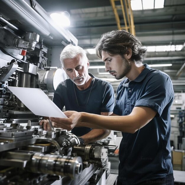 Premium AI Image engineer with colleague analyzing machine parts in factory