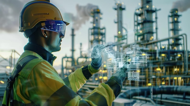 Engineer with Futuristic Augmented Reality in Industry An industrial engineer wearing a helmet with augmented reality graphics overlay stands at a chemical plant during dusk