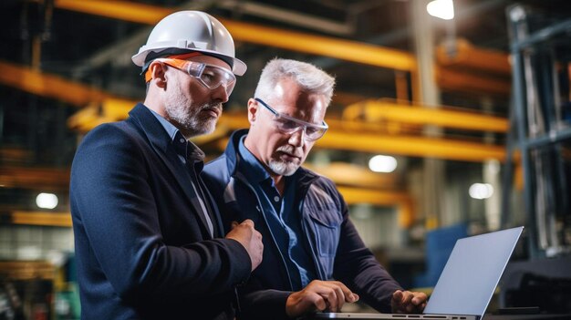 Engineer with hand on chin standing by colleague using laptop in industry