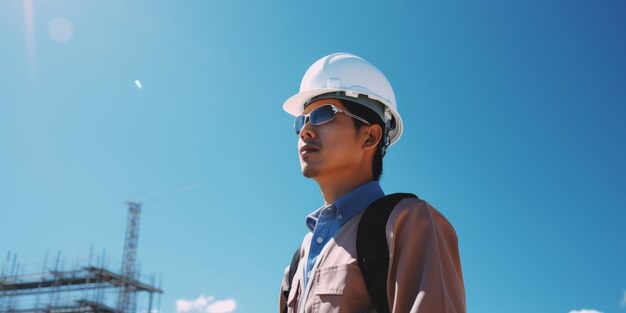 An engineer with a helmet and safety cloth stands against the blue sky
