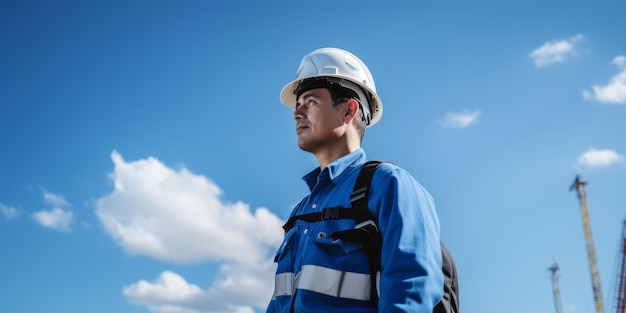 An engineer with a helmet and safety cloth stands against the blue sky