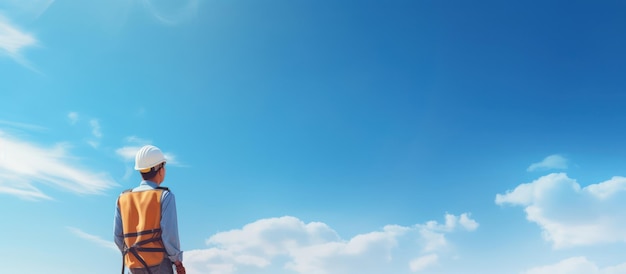 инженер в шлеме и защитной ткани стоит на фоне голубого неба