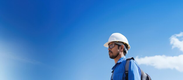 Engineer with helmet and safety cloth stands against blue sky