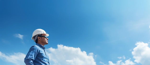 engineer with helmet and safety cloth stands against blue sky