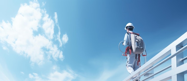 engineer with helmet and safety cloth stands against blue sky