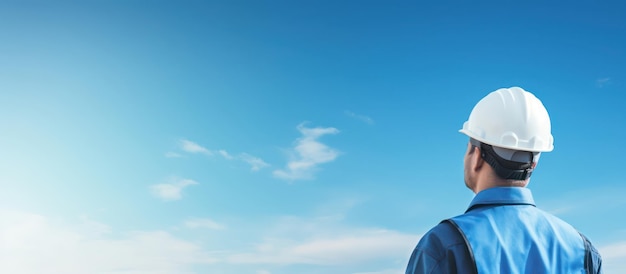 engineer with helmet and safety cloth stands against blue sky