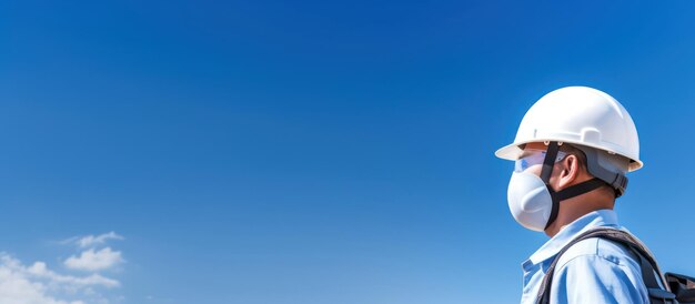 Engineer with helmet and safety cloth stands against blue sky