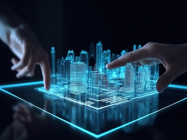 engineer with Hologram virtual buildings