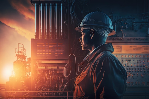 Engineer with industry electrical power plant background with sunset Generative AI