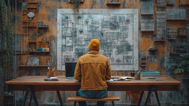 Engineer with a safety helmet checking complex blueprints at industrial manufacturing generative ai