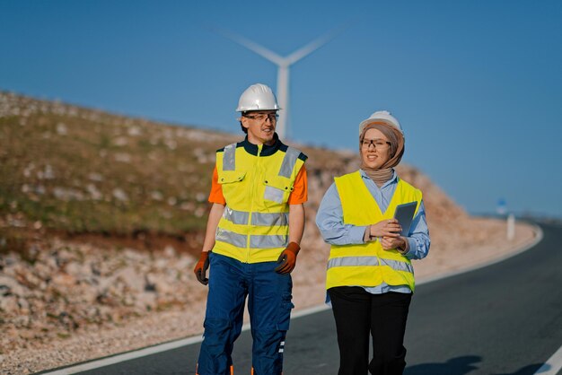 Photo a engineer with a tablet and her colleague inspect wind turbines in a field demonstrating teamwork