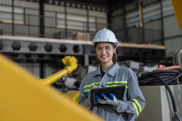 Engineer woman holding tablet checking robot arms machine at assembly robotic warehouse factory