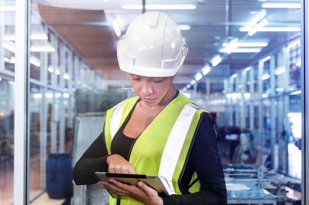 engineer woman using tablet to checking at workplace worker female wearing working suite