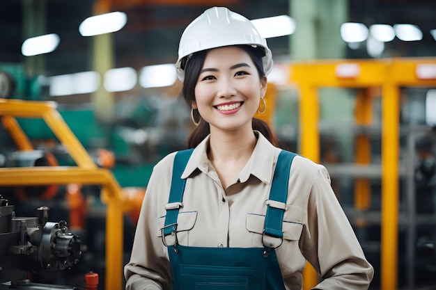 Женщина-инженер, рабочая женщина, счастливая, улыбающаяся на заводе тяжелой промышленности.