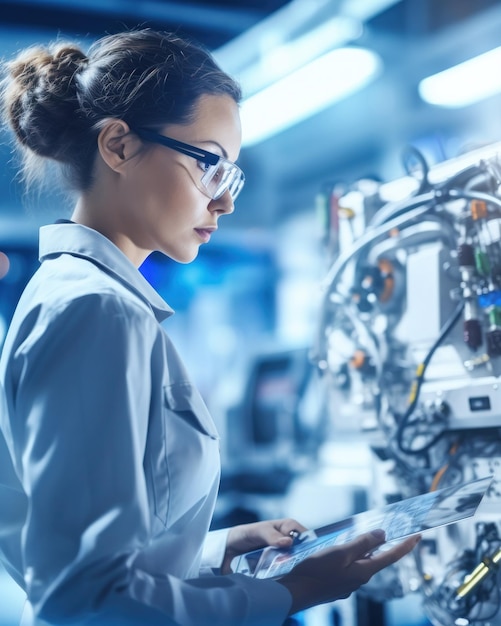 Engineer woman working on a mechanical part