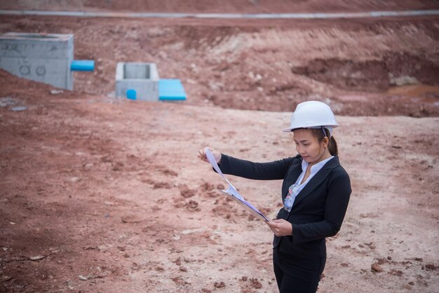 Engineer woman working at site of bridge under construction