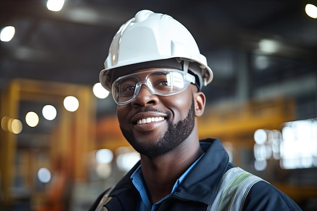 Инженер в форменных очках и каске на сталелитейном заводе Улыбающийся афроамериканский промышленник, стоящий на производстве металлоконструкций