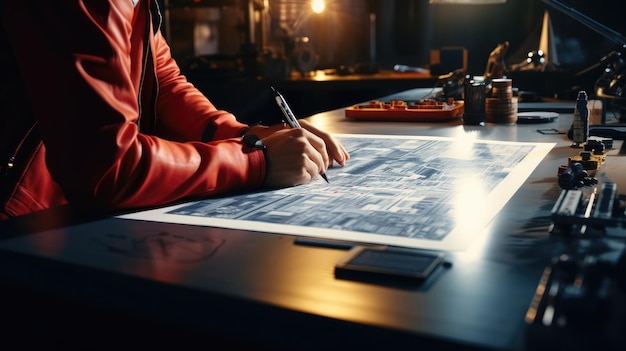 a engineer working on blueprint construction