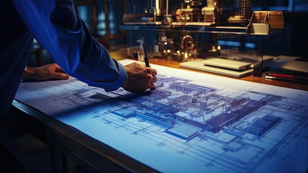 a engineer working on blueprint construction