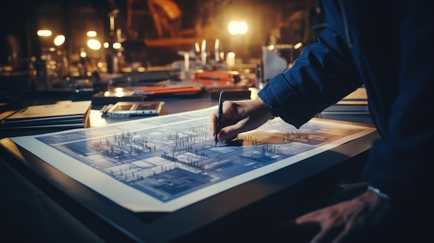 a engineer working on blueprint construction