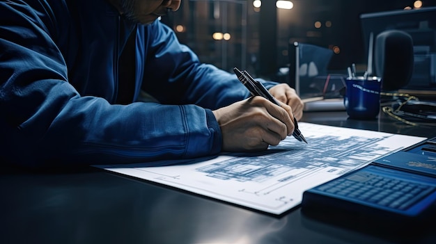 a engineer working on blueprint construction