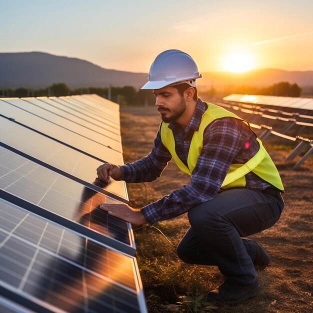 Photo engineer working on checking equipment in solar power plant