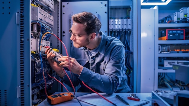 Engineer working on checking and maintenance equipment at wiring on plc cabinet