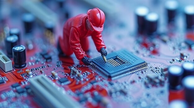 Engineer working on a computer motherboard Close up of microchips