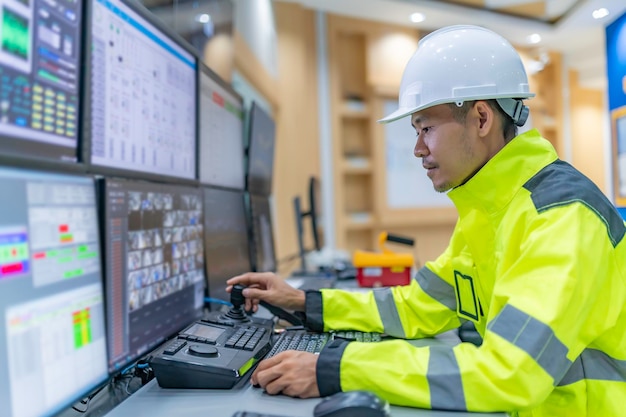 Engineer working at control roomManager control systemTechnician man monitoring program from a lot of monitor