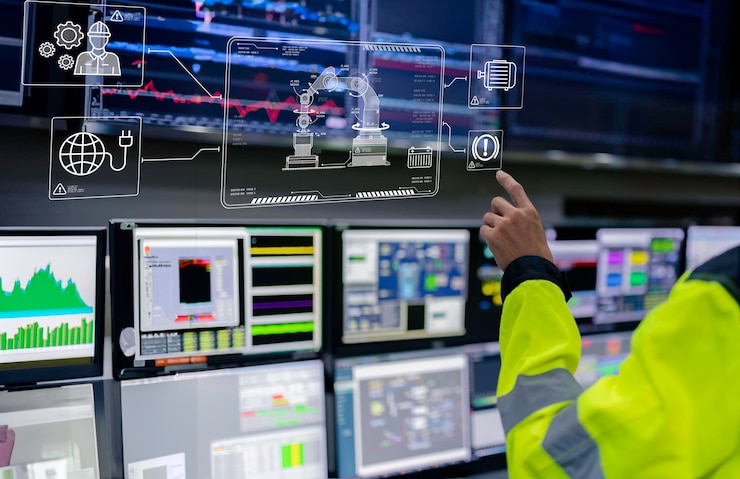 Photo engineer working at control roommanager control systemtechnician man monitoring program from a lot of monitor