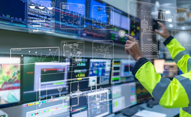 Photo engineer working at control roommanager control systemtechnician man monitoring program from a lot of monitor