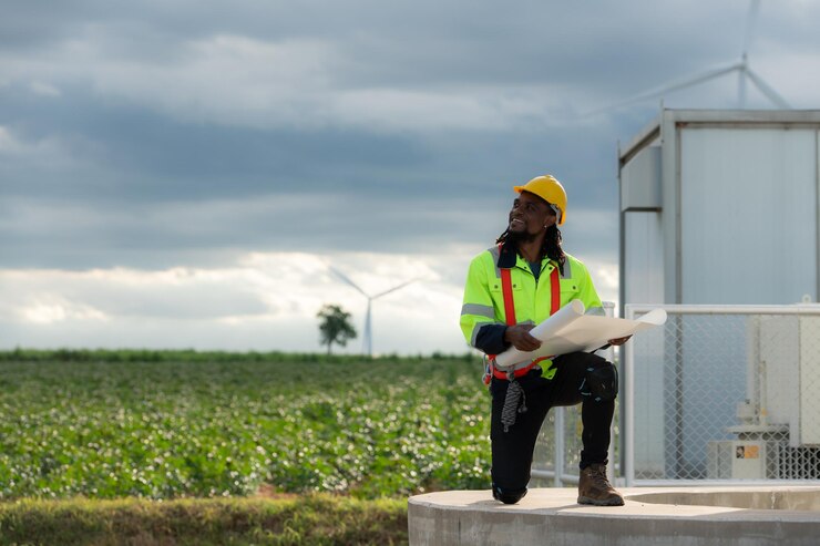 Engineer working in front of wind turbines on a cloudy day The concept of natural energy from wind