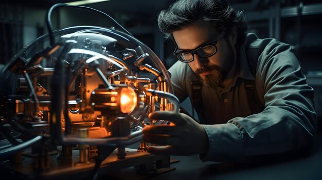 An engineer working on a futuristic prototype