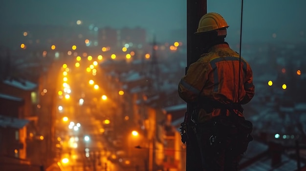 Engineer working on a high voltage power line in the city