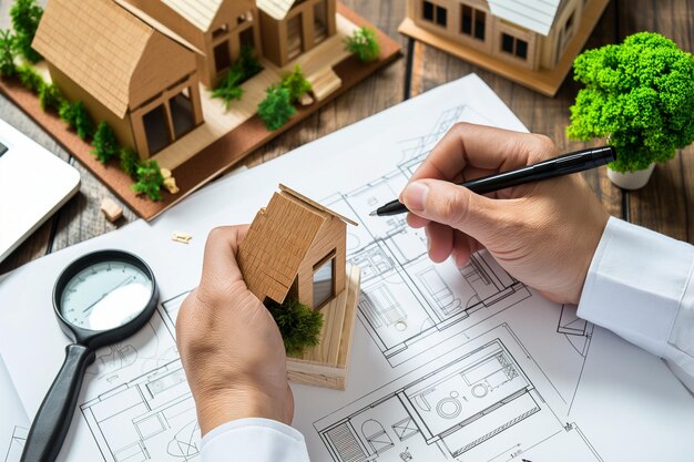 an engineer working on a housing project and drawing on paper a housing project drawing