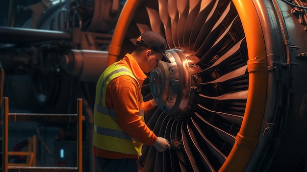 Photo engineer working on a jet engine in a factory industrial background