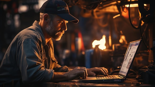 Engineer working on a laptop in a metallurgical factory Generative AI