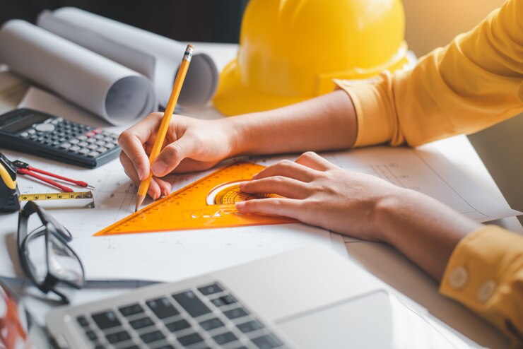 Engineer working in office with blueprints
