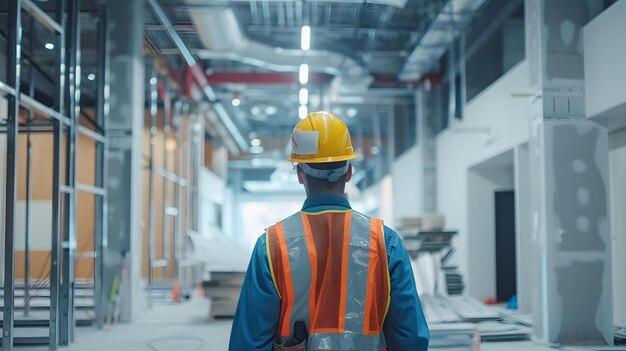 Engineer in workwear and helmet walking through construction site