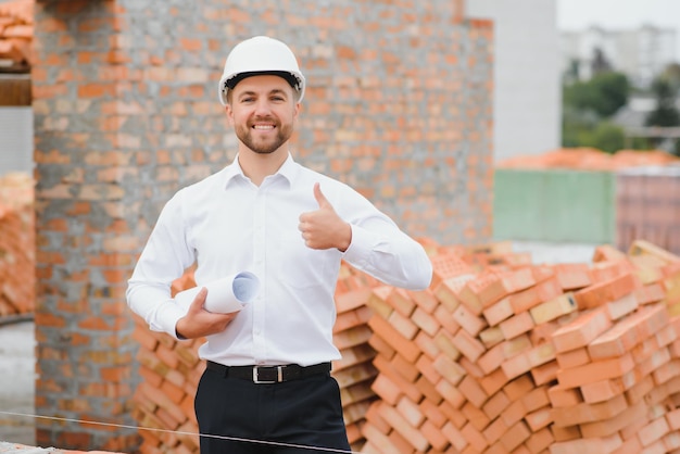 Engineering consulting people on construction site holding\
blueprint in his hand building inspector construction site check\
drawing and business workflow of new building