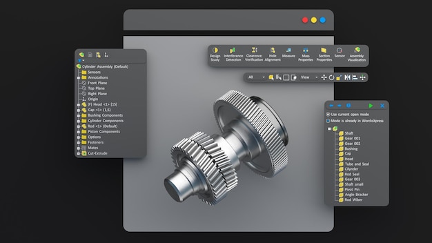 사진 엔지니어링 디자이너는 3d cad 소프트웨어 모델을 설계합니다. 디지털 제작 컴퓨터 화면 3d 렌더링.