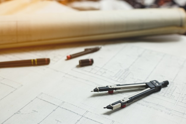 Engineering and drawing tools on the table