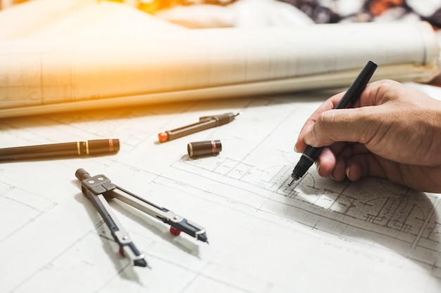 Engineering and drawing tools on the table