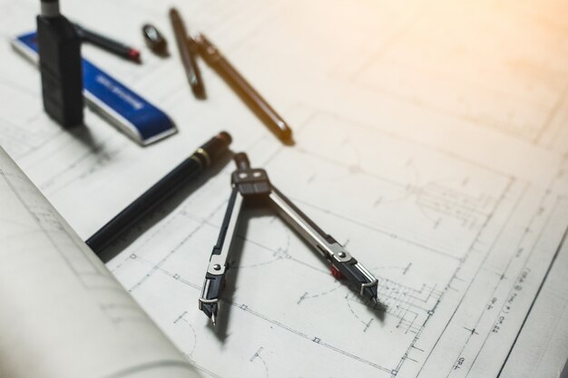 Engineering and drawing tools on the table