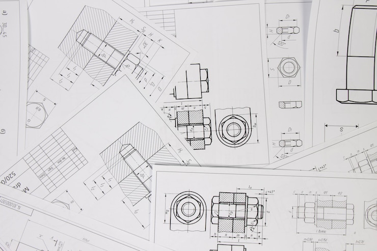 Photo engineering drawings of industrial parts and mechanism