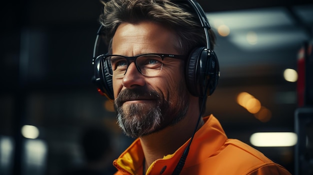 Engineering man wearing PPE using radio walkietalkie talking in an office