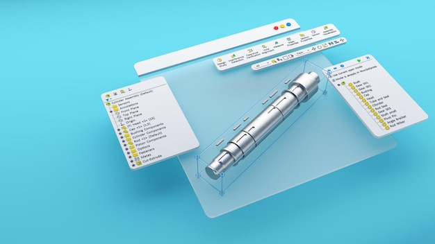 사진 기어 휠의 엔지니어링 프로젝트 3d cad 소프트웨어 모델. 공장 컴퓨터 화면 3d 렌더링.