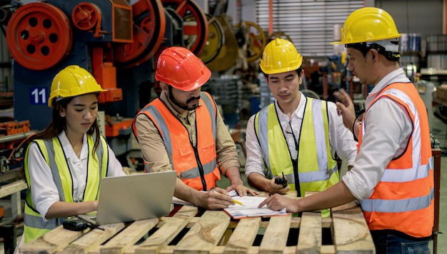 Engineering team meeting with technician and worker operating. Teamwork of industrial factory and manufacturing concept.