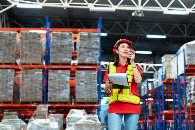 Engineering technician worker is operating the machine inside warehouse using walkie talkie